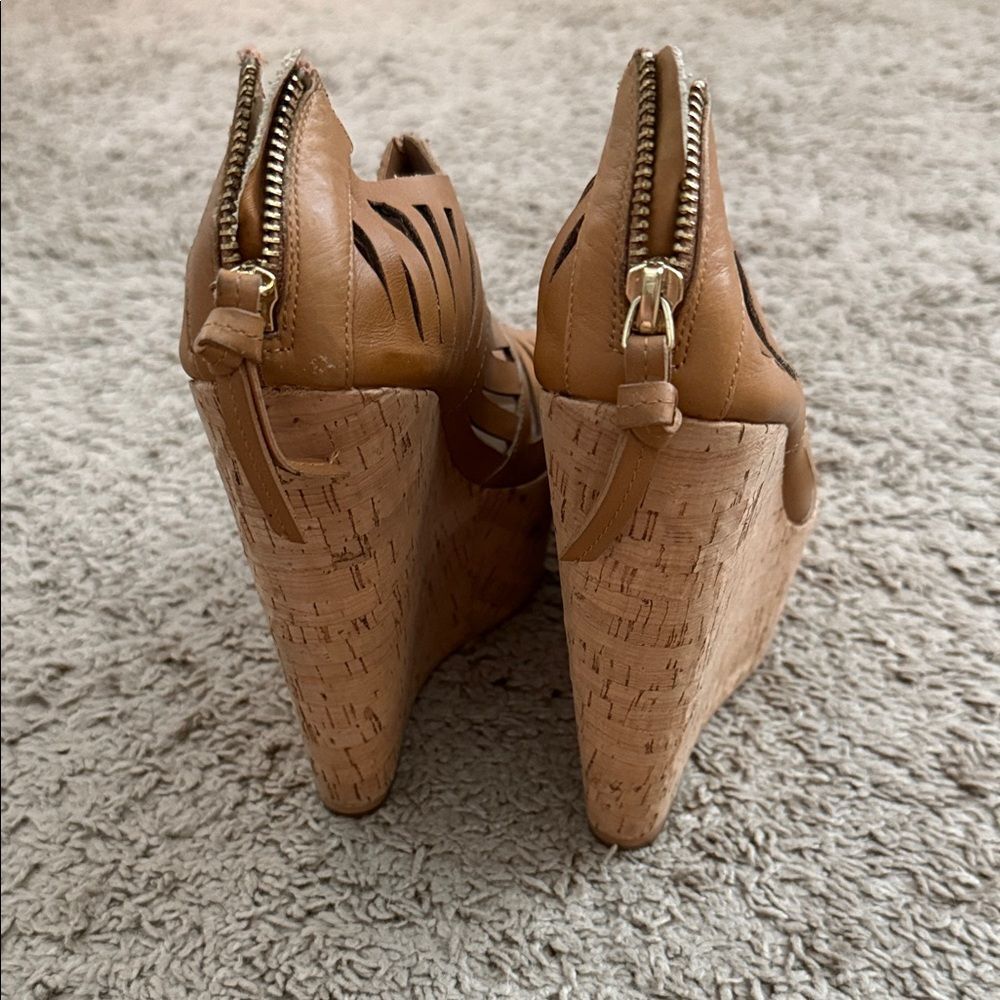 Steve Madden Tan Cutout Leather Cork Platform Wedges - Picture 2 of 5